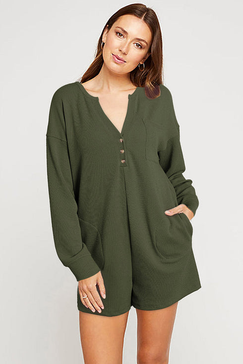 Brushed Ribbed Button Split V Neck Long Sleeve Romper